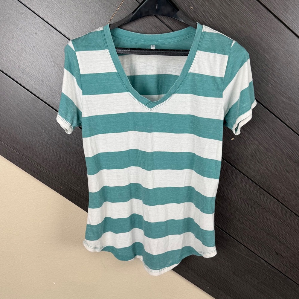 Z Supply Women's Small Teal White Striped V Neck T Shirt Coastal Casual